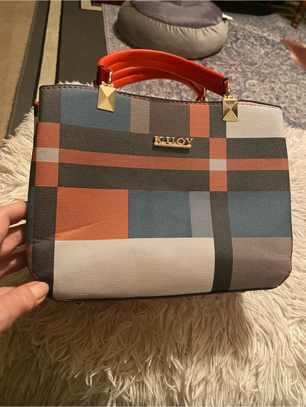 NWOT KUOY Multicolor Plaid Structured Satchel Top Handle Bag